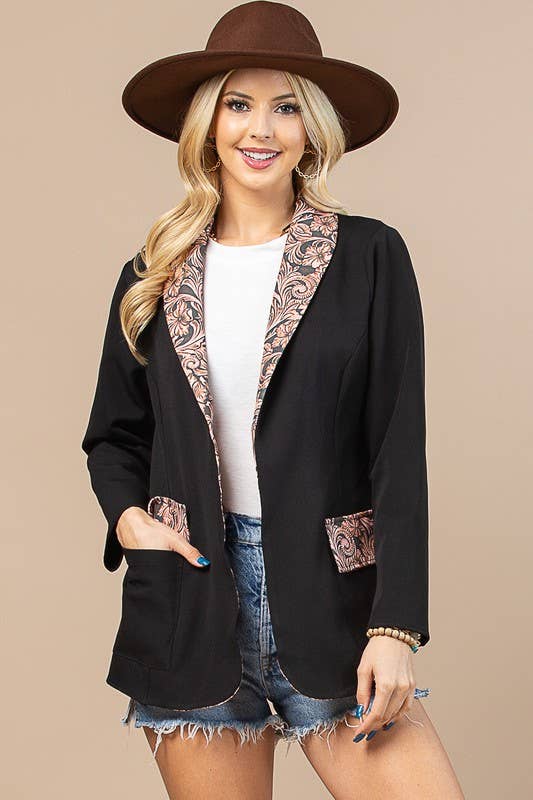AV1250-TORY WESTERN TOOLED LEATHER PRINT WOVEN BLAZER
