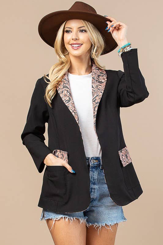 AV1250-TORY WESTERN TOOLED LEATHER PRINT WOVEN BLAZER