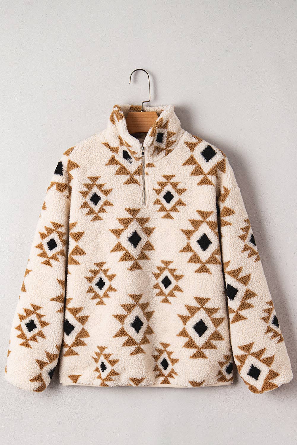 Khaki Aztec Print Sherpa Quarter Zip Collar Sweatshirt