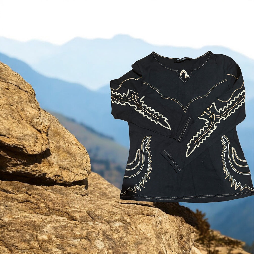 BLACK BOOT STITCH LONG SLEEVED EMBROIDERED TOP