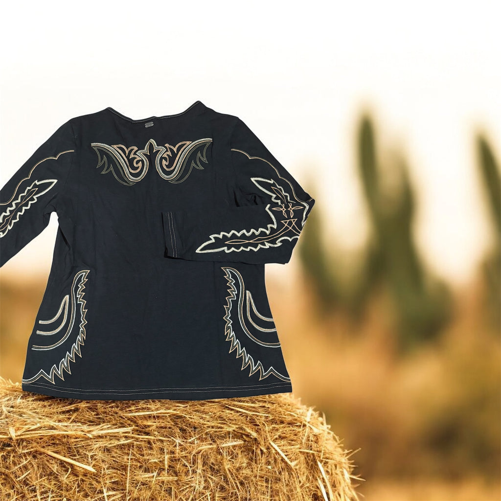 BLACK BOOT STITCH LONG SLEEVED EMBROIDERED TOP