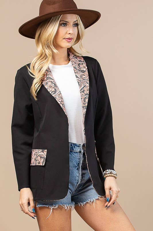 AV1250-TORY WESTERN TOOLED LEATHER PRINT WOVEN BLAZER