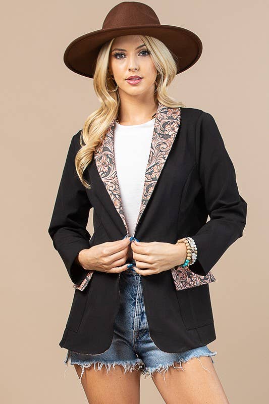 AV1250-TORY WESTERN TOOLED LEATHER PRINT WOVEN BLAZER