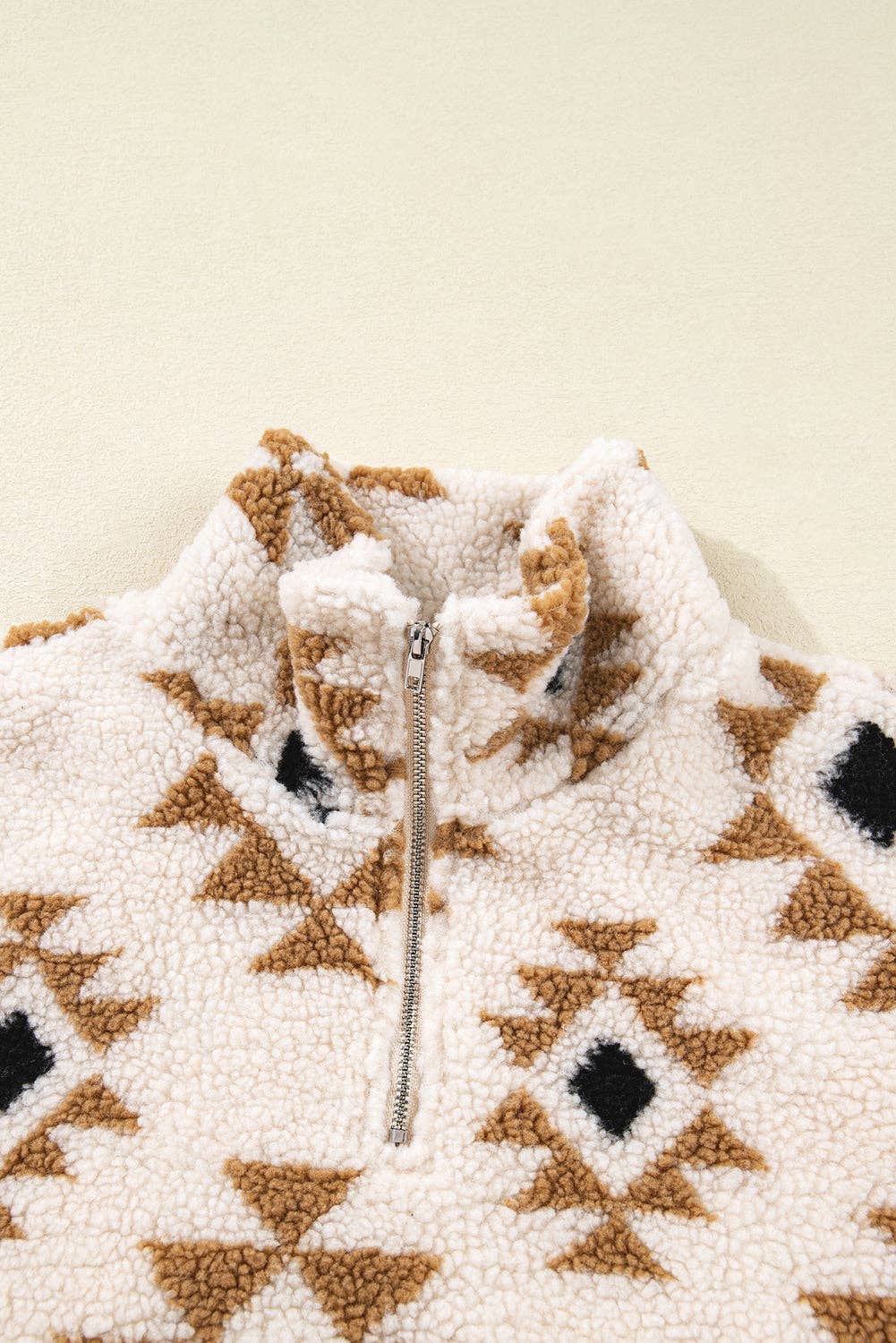 Khaki Aztec Print Sherpa Quarter Zip Collar Sweatshirt