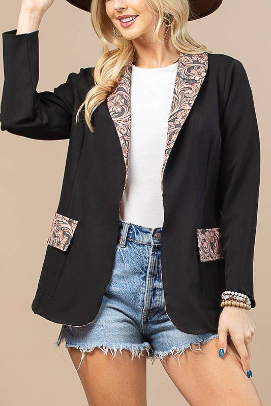 AV1250-TORY WESTERN TOOLED LEATHER PRINT WOVEN BLAZER